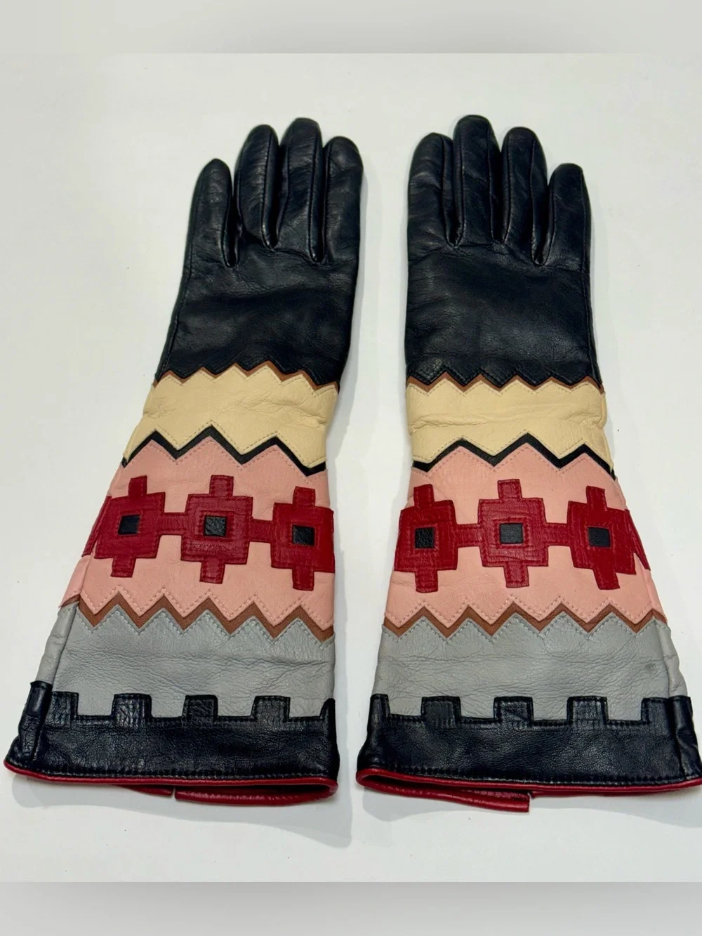 ARISTIDE Paris Luxury Leather Gauntlet Gloves - Geometric Intarsia Size 8